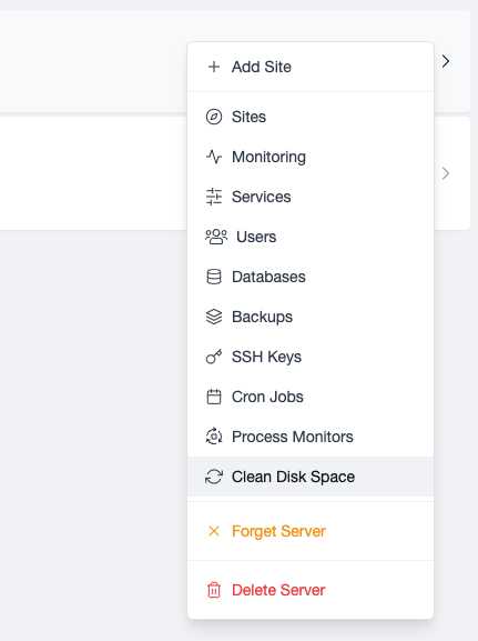 server menu clean disk space option