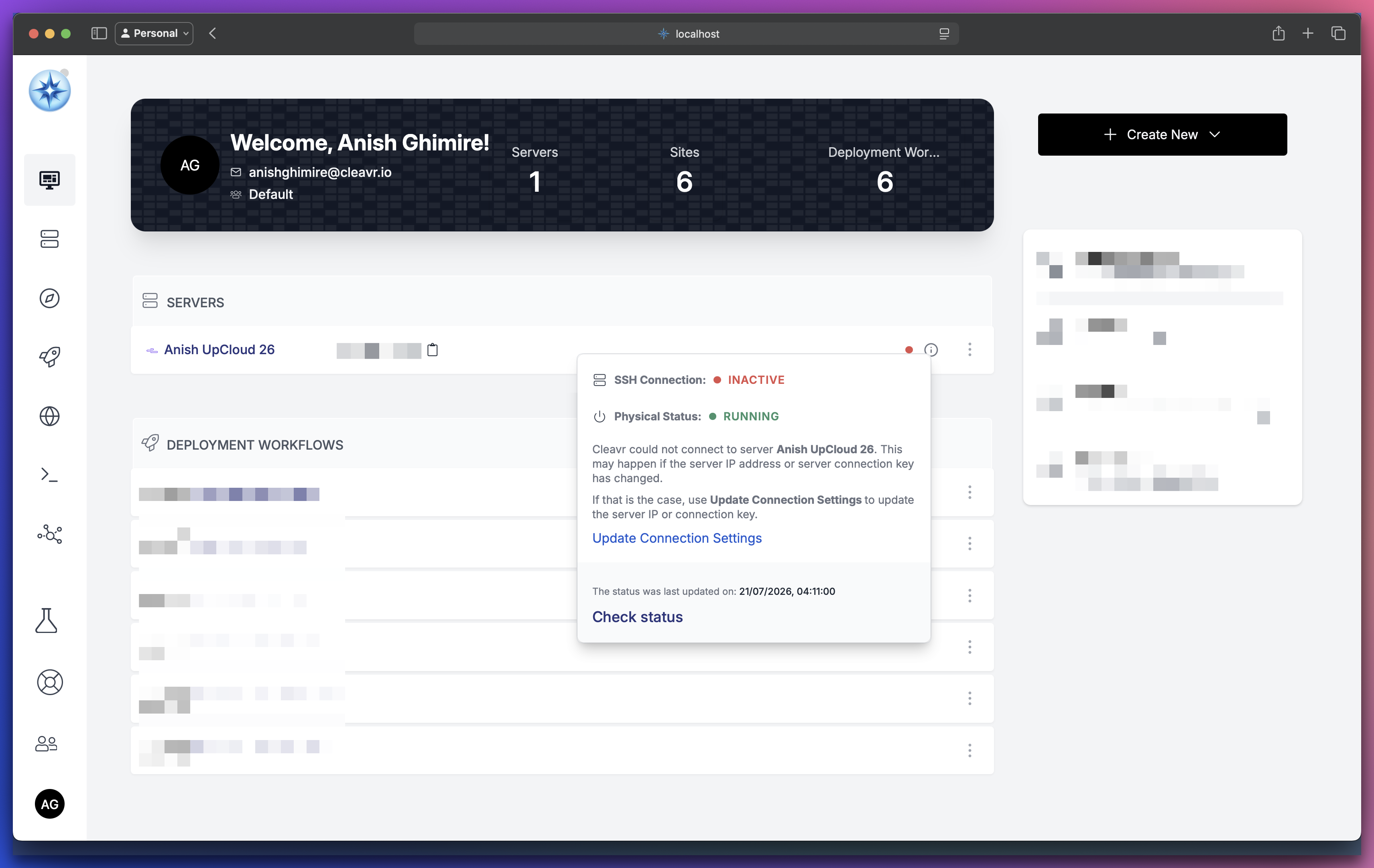 Cleavr server status popup