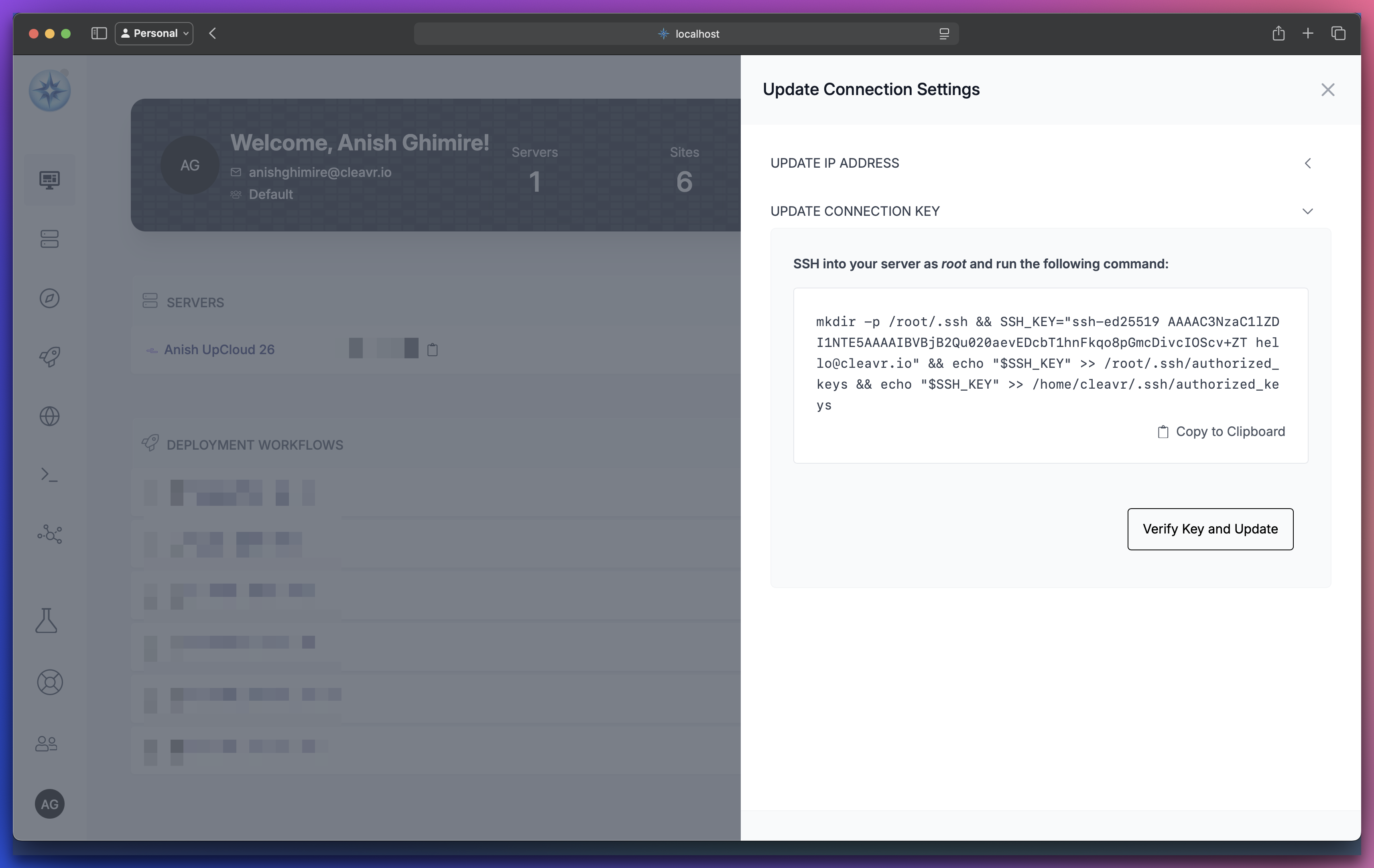 Cleavr update connection key slideout