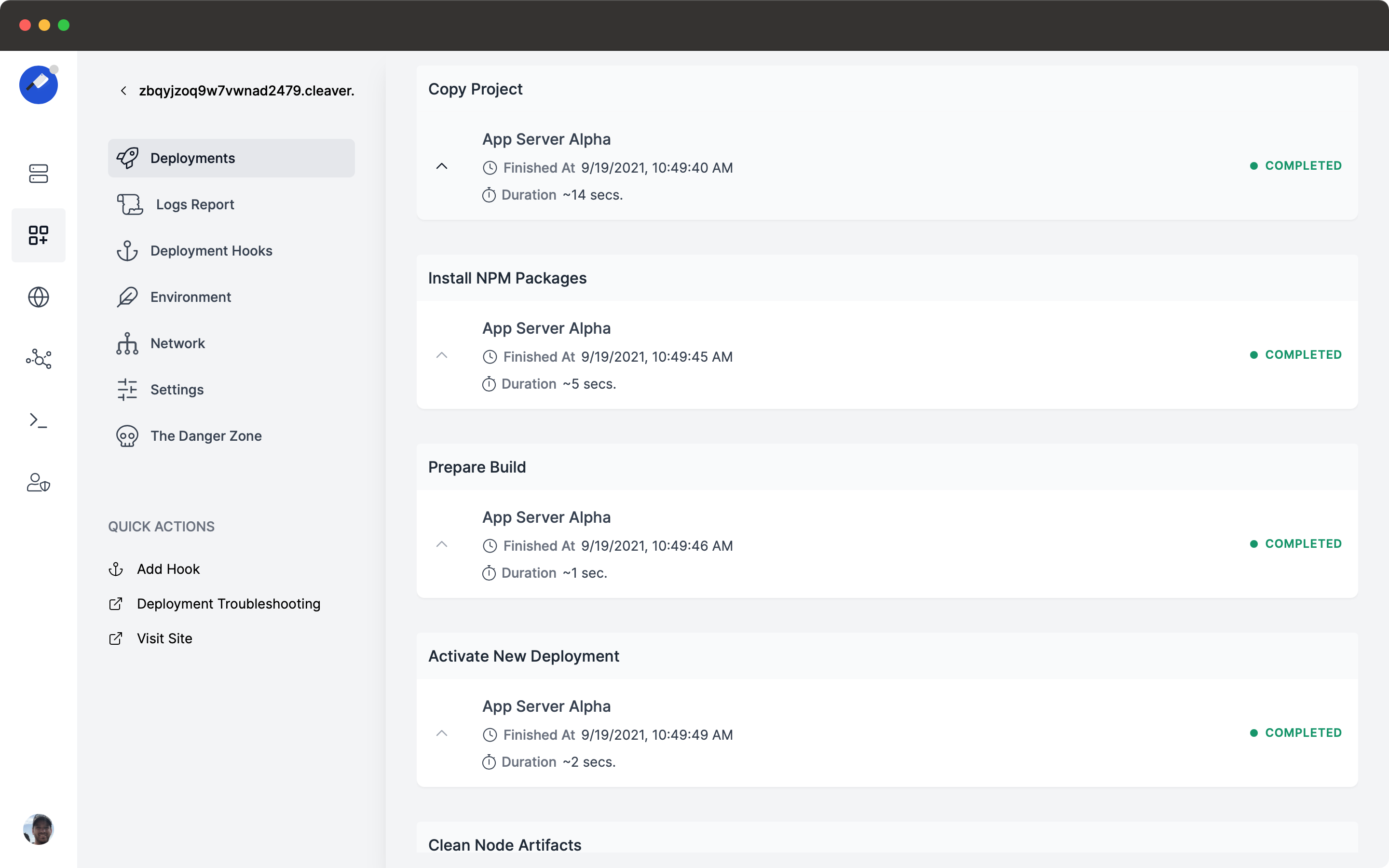 Cleavr deployment details for active and past deployments