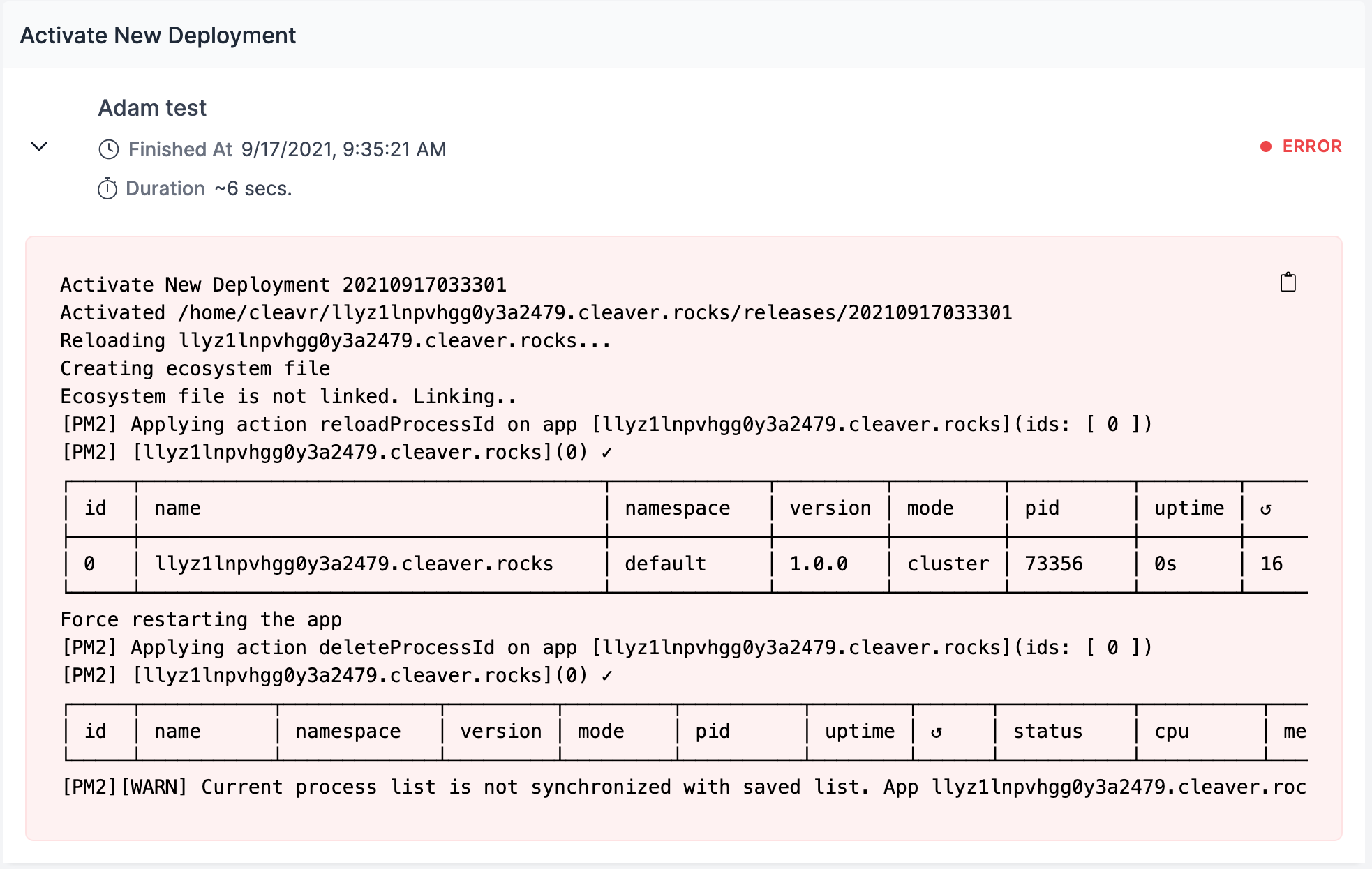 Cleavr deployment step error details